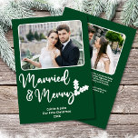 Married and Merry Newlywed First Christmas Photo Holiday Card<br><div class="desc">Married and Merry Our First Christmas photo greeting card in forest green is the perfect way to celebrate a newlywed couple's first Christmas, with its clean and modern font and classic holiday colours, room for two photos, as well as a personalised message on the back. The playful "Married and Merry"...</div>