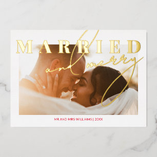 Married and Merry Newlywed Photo Christmas Gold