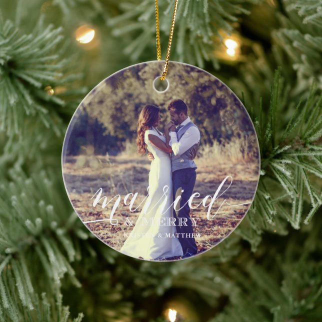 "Married and Merry" Newlyweds Christmas Photo Ceramic Tree Decoration (Tree)