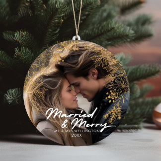 Married and Merry | Newlyweds Christmas Photo Ceramic Tree Decoration