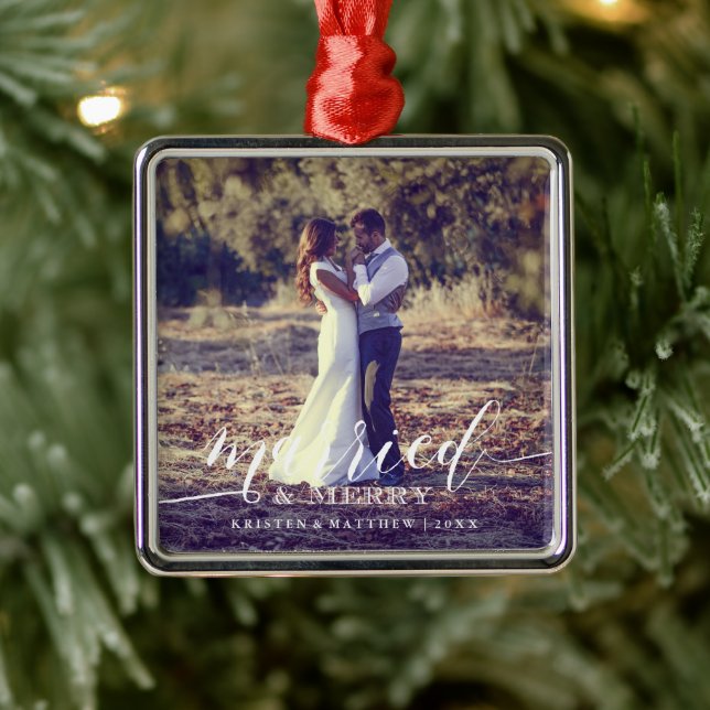 Married and Merry Newlyweds Christmas Photo Metal Tree Decoration (Tree)