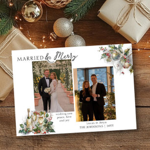 Married and Merry Nostalgic Holly Photo Christmas Holiday Card