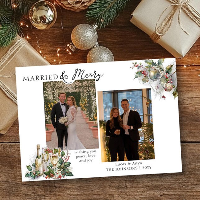 Married and Merry Nostalgic Holly Photo Christmas Holiday Card (Married & Merry Christmas Photo Card by Darling & May)