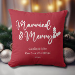 Married and Merry Our First Christmas Newlywed Red Cushion<br><div class="desc">Looking for a way to make your loved ones' first Christmas as a married couple extra special? Our "Our First Christmas Married and Merry" throw pillow in Christmas red is the perfect gift idea! With its clean and modern font and classic holiday colours, this pillow will add a festive touch...</div>