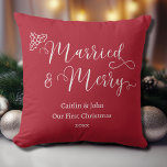 Married and Merry Our First Christmas Newlywed Red Cushion<br><div class="desc">Looking for a way to make your loved ones' first Christmas as a married couple extra special? Our "Our First Christmas Married and Merry" throw pillow in Christmas red is the perfect gift idea! With its clean and modern font and classic holiday colours, this pillow will add a festive touch...</div>