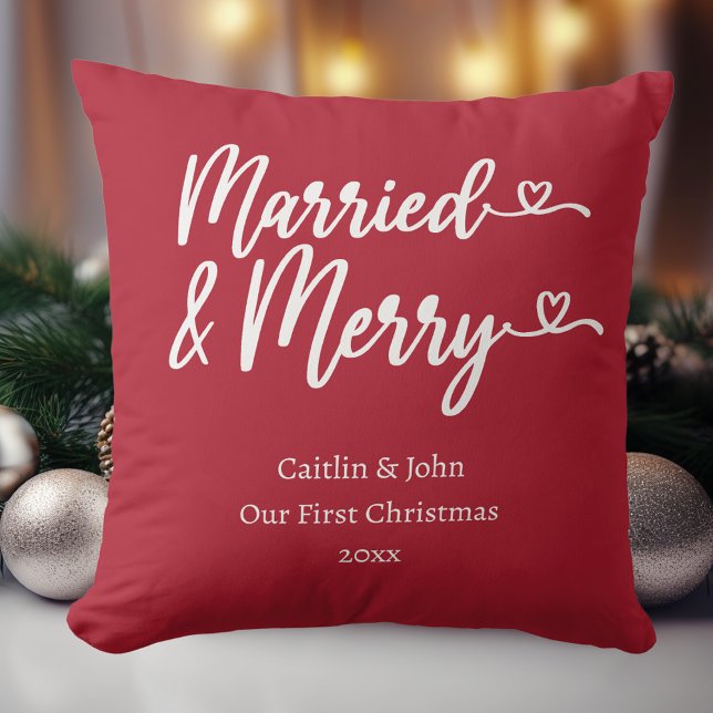 Married and Merry Our First Christmas Newlywed Red Cushion (Married & Merry personalized Christmas red pillow to celebrate the newlywed's first Xmas together.)