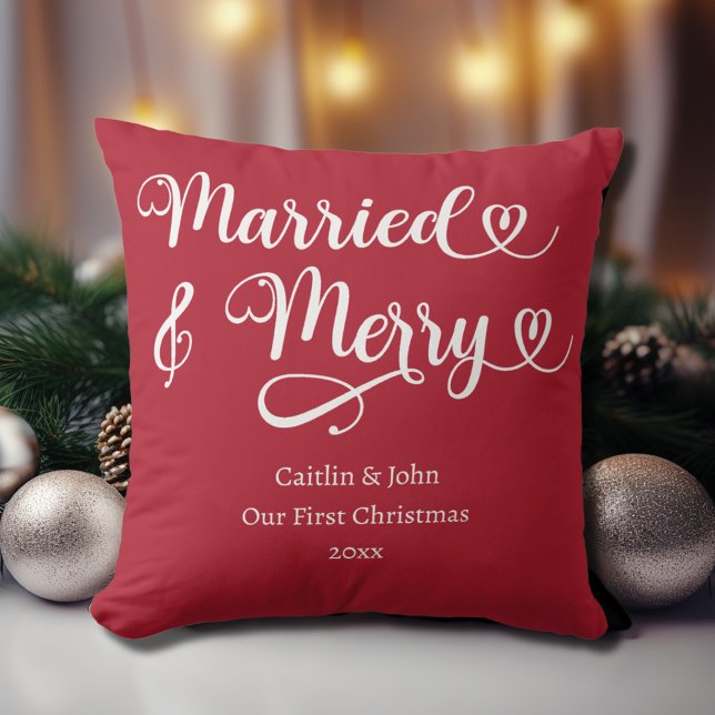 Married and Merry Our First Christmas Newlywed Red Cushion (Married & Merry custom newlywed couple our first Christmas together in red with white typography.)