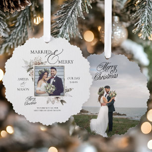 Married And Merry Photo Christmas Card Ornament