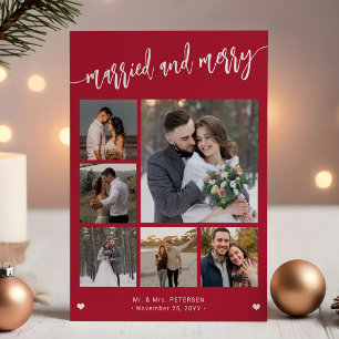 Married and merry photo collage modern Christmas Holiday Card