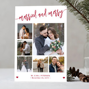 Married and merry photo collage modern Christmas Holiday Card
