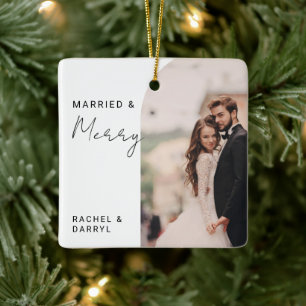 Married and Merry Photo Minimal Script Elegant Ceramic Ornament