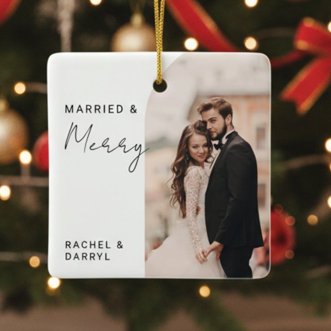 Married and Merry Photo Minimal Script Elegant Ceramic Ornament (Creator Uploaded)