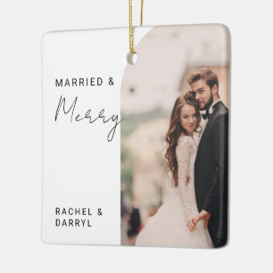 Married and Merry Photo Minimal Script Elegant Ceramic Ornament