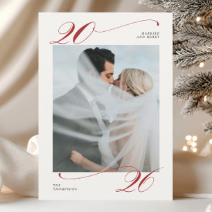 Married and Merry Red Calligraphy Newlywed Photo Holiday Card