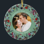 Married and Merry Sage Christmas Wreath Newlyweds Ceramic Tree Decoration<br><div class="desc">Romantic ornament for married couple features beautiful Christmas wreath and a sage green background. Personalize the template with your photograph,  names or custom text. You can change the background color if you like,  just click on "Edit using design tool".</div>