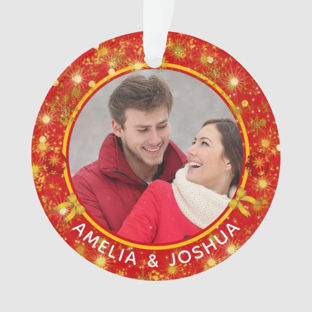 Married and Merry Snowflakes Photo First Christmas Ornament (Front)