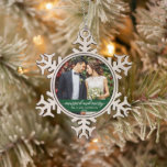 Married and Merry Wedding Calligraphy Green Snowflake Pewter Christmas Ornament<br><div class="desc">Married and Merry Elegant Calligraphy Script Wedding Photo Green Snowflake Pewter Christmas Ornament</div>