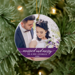 Married and Merry Wedding Calligraphy Purple Ceramic Tree Decoration