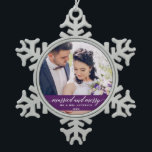 Married and Merry Wedding Calligraphy Purple Snowflake Pewter Christmas Ornament<br><div class="desc">Married and Merry Elegant Calligraphy Script Wedding Photo Purple Snowflake Pewter Christmas Ornament</div>