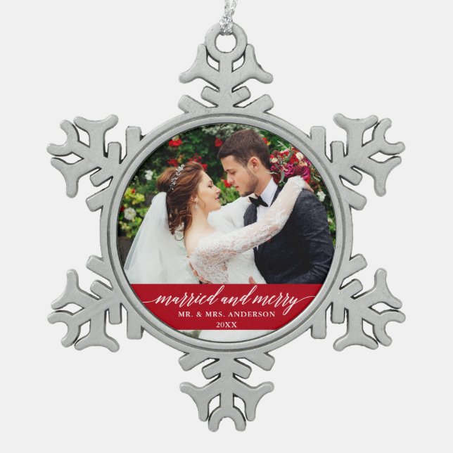 Married and Merry Wedding Calligraphy Red Snowflake Pewter Christmas Ornament (Front)