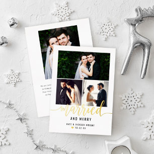 Married and Merry Wedding Photo Collage Gold