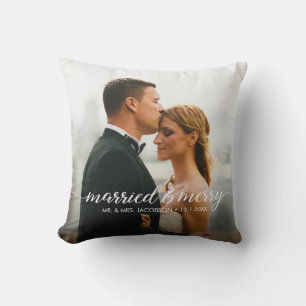 Married and Merry Wedding Photo First Christmas  Cushion