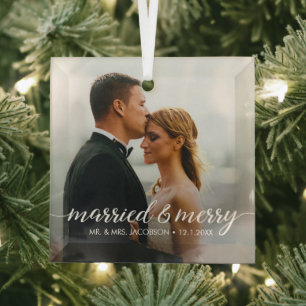 Married and Merry Wedding Photo First Christmas Glass Tree Decoration