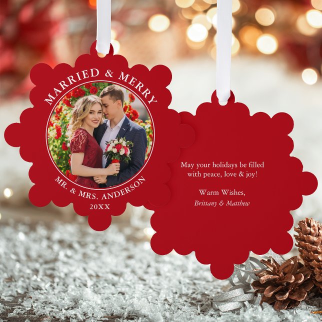 Married and Merry Wedding Photo Red Tree Decoration Card (A greeting card that is also an ornament! Customize with your photo and personalized text.)