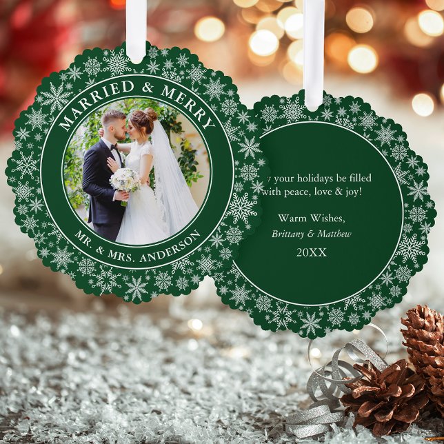 Married and Merry Wedding Photo Snowflakes Green Tree Decoration Card (A greeting card that is also an ornament! Customize with your photo and personalized text.)