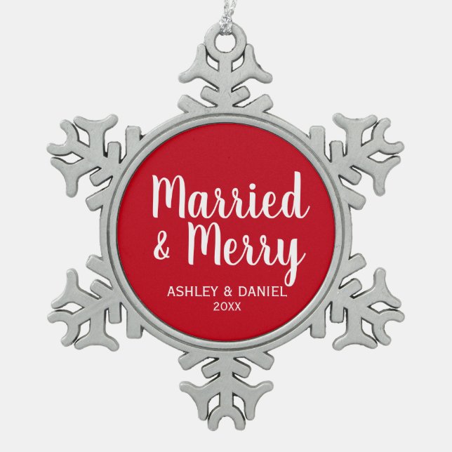 Married and Merry Wedding Red Snowflake Pewter Christmas Ornament (Front)