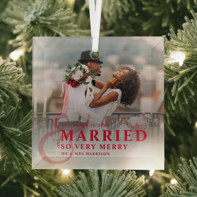 Married And So Very Merry Photo Wedding Newlyweds Glass Tree Decoration (Insitu)