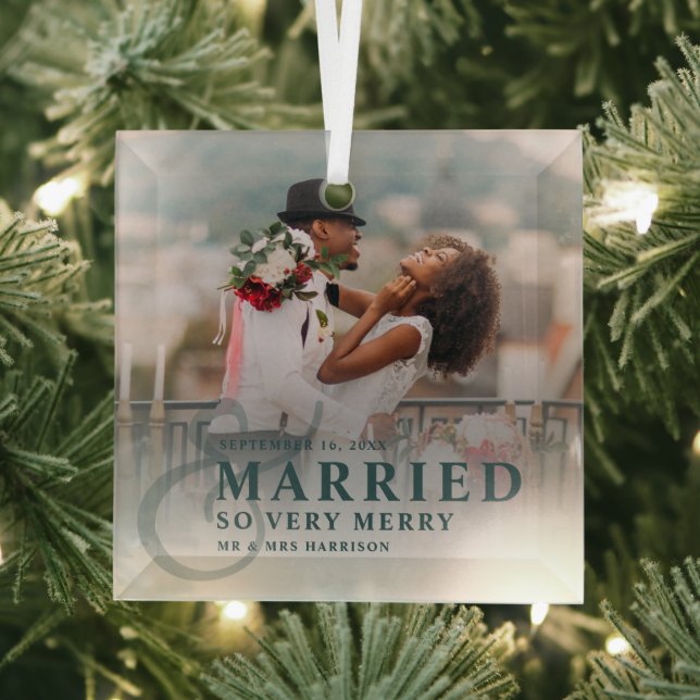 Married And So Very Merry Photo Wedding Newlyweds Glass Tree Decoration (Insitu)
