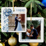Married & Bright 2 Square Wedding Photo<br><div class="desc">Married and Bright photo ornament - perfect for newlyweds first christmas married or for any happily married couple! The design features blue bauble ornaments with delicate winter foliage to frame your photo and is elegantly lettered with Married and Bright. The other side of the ornament has a second photo framed...</div>