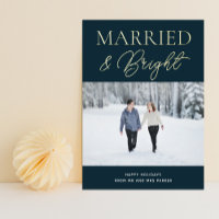 Married Bright Blue Gold Script Photo Christmas