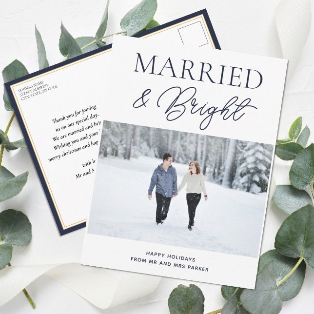 Married Bright Blue Script Modern Photo Christmas Holiday Postcard (Creator Uploaded)