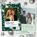 Married & Bright Emerald Roses Festive Newlyweds Holiday Card<br><div class="desc">These beautiful holiday cards are designed for a couple celebrating their first holidays as a married couple. The design features your photo on a deep emerald green coloured background surrounded by hand painted watercolor roses in shades of emerald, sage, and mint, along with whimsical and festive snowflakes. The caption reads...</div>