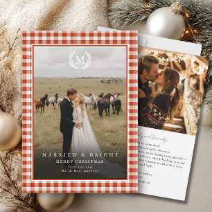 "Married & Bright" Gingham Monogram Crest 2 Photo Thank You Card