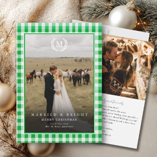 "Married & Bright" Gingham Monogram Crest 2 Photo Thank You Card