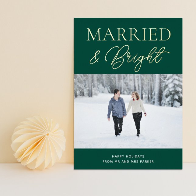 Married Bright Green Gold Script Photo Christmas (Creator Uploaded)