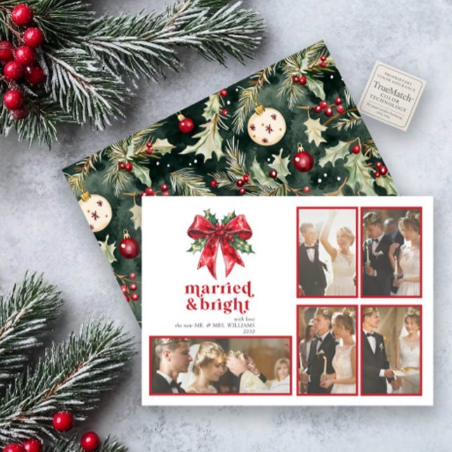 Married & Bright Red Bow Holly Newlywed 5 Photo Holiday Card (Creator Uploaded)
