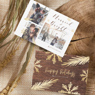 Married & Bright Rustic Wood Gold Snowflake Photo Holiday Card