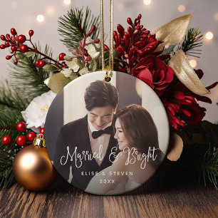 Married & Bright   Wedding Photo Ceramic Tree Decoration