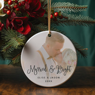 Married & Bright   Wedding Photo Ceramic Tree Decoration