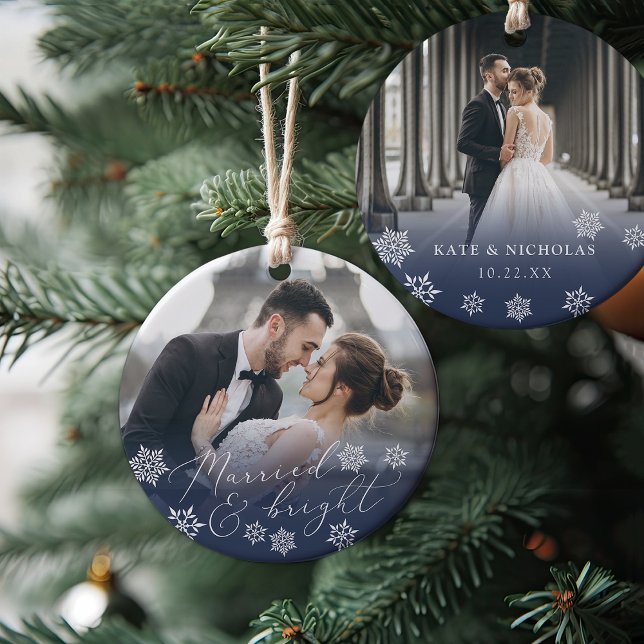 Married & Bright | Wedding Photo Christmas Ceramic Tree Decoration (Creator Uploaded)