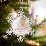 Married & Bright | Wedding Photo Snowflake Pewter Christmas Ornament<br><div class="desc">Festive photo ornament for newlyweds features your favourite wedding photo with "married & bright" overlaid in red script lettering. Personalise with your names and the year beneath.</div>