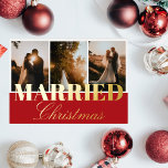 Married Christmas 3 Photo Collage Red White Foil<br><div class="desc">Elegant modern Christmas real gold foil holiday card featuring three photo collage and a Holiday greeting in gold on the red background: Married Christmas, in a mix of classic typography and chic elegant script. Perfect for couples who got married and celebrated their wedding this year! The reverse of the card...</div>