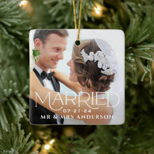 Married Christmas Custom Wedding Photo Monogram Ceramic Ornament