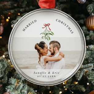 Married Christmas Cute Mistletoe Newlyweds Photo  Metal Tree Decoration