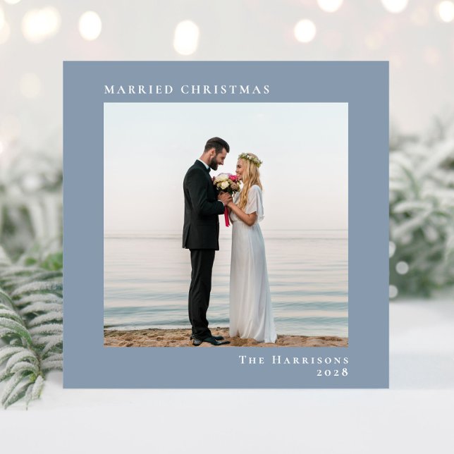 Married Christmas Dusty Blue Photo Holiday Card (A beautiful and unique way to announce your marriage to family and friends this holiday season)
