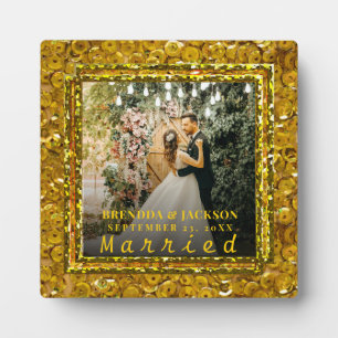 Married Christmas Elegant Gold Type Wedding Photo  Plaque